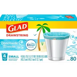 Small Kitchen Drawstring Trash Bags, 4 Gallon, Blue, Febreze Beachside Breeze, 80/Box (79155)<Glad Discount