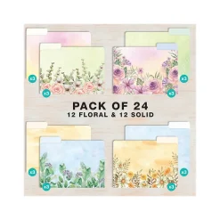 File Folders|Global Printed Products Deluxe Designer Watercolor Floral Heavy-Duty File Folders, 1/3-Cut Tab, Assorted Colors, 24/Pack