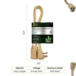 GoGreen Power 14/3 3' Appliance Cord, Beige, 3/Pack (GG-25603)