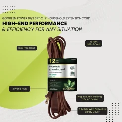 GoGreen Power 12' Extension Cord, 3-Outlet, 16 AWG, Brown (GG-24812-3)