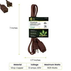 GoGreen Power 6' Extension Cord, 3-Outlet, 16 AWG, Brown (GG-24806-10)