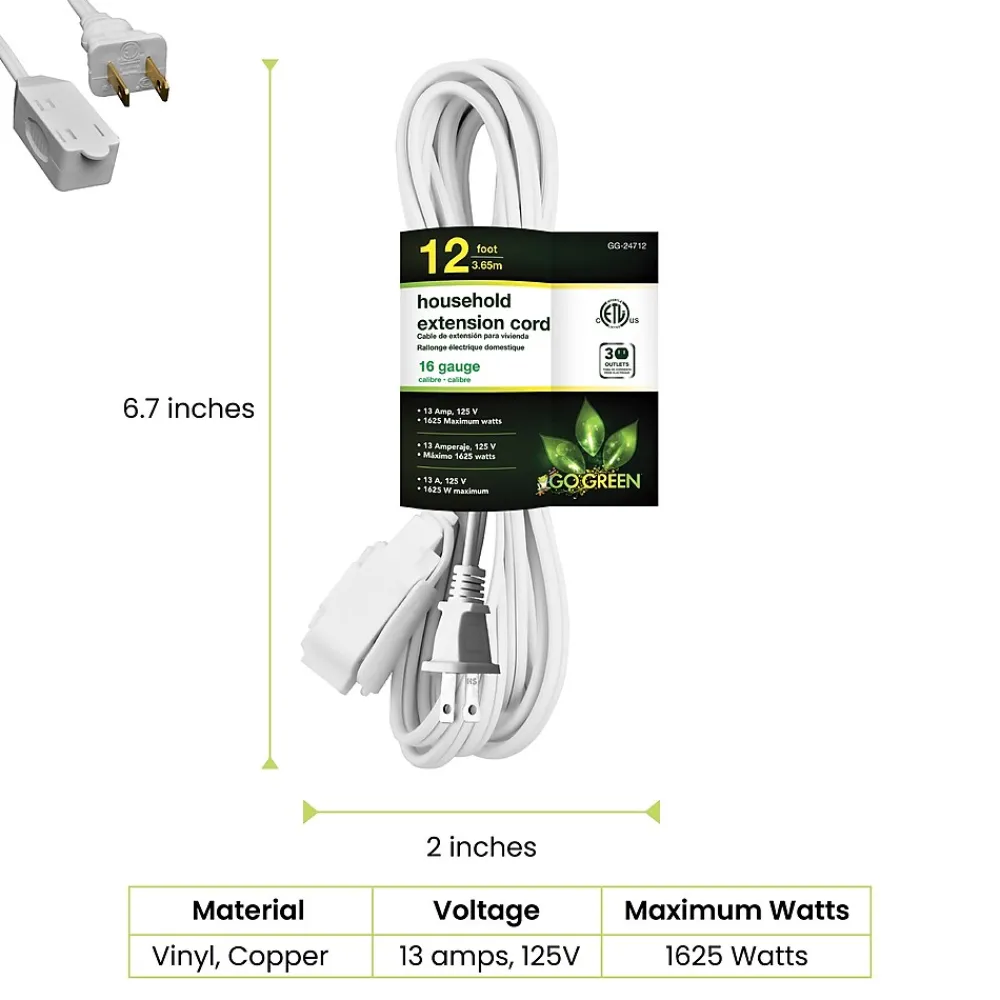 GoGreen Power 12' Extension Cord, 3-Outlet, 16 AWG, White (GG-24712-3)