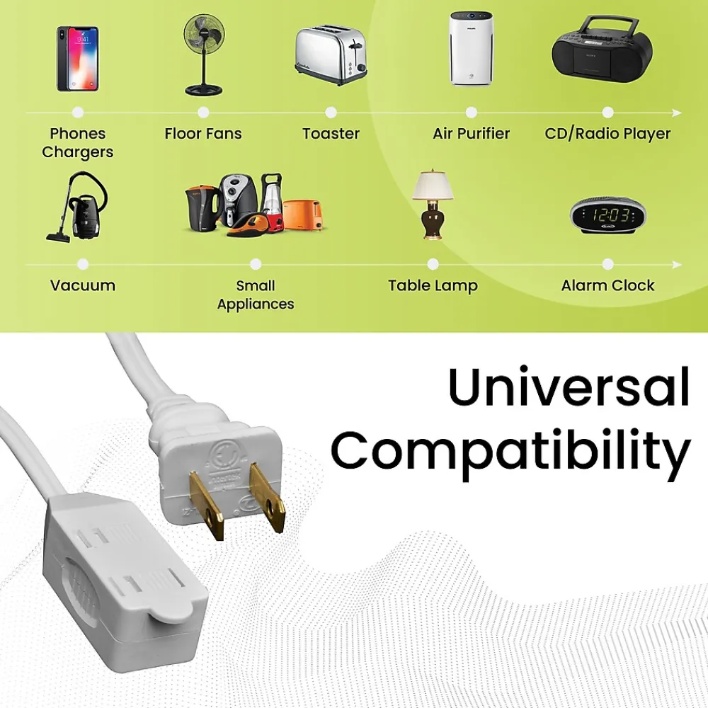 GoGreen Power 12' Extension Cord, 3-Outlet, 16 AWG, White (GG-24712-3)