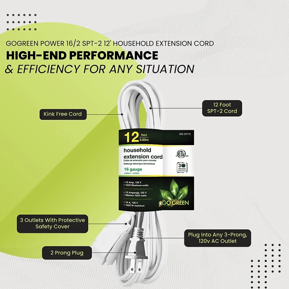 GoGreen Power 12' Extension Cord, 3-Outlet, 16 AWG, White (GG-24712-3)