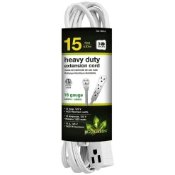 GoGreen Power 15' Extension Cord, 3-Outlet, 16 AWG, White (GG-19615)