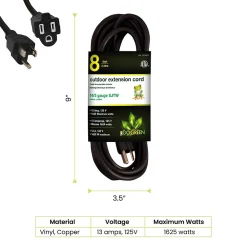 GoGreen Power 8' Indoor/Outdoor Extension Cord, 16 AWG, Black (GG-13708BK)