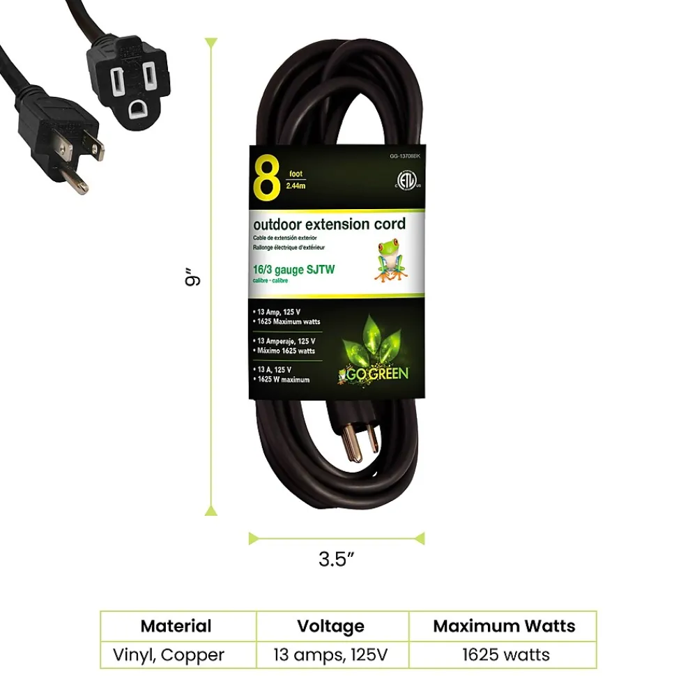 GoGreen Power 8' Indoor/Outdoor Extension Cord, 16 AWG, Black (GG-13708BK)