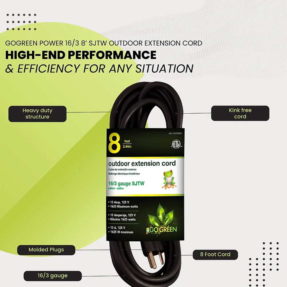 GoGreen Power 8' Indoor/Outdoor Extension Cord, 16 AWG, Black (GG-13708BK)