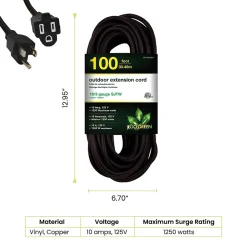 GoGreen Power 100' Indoor/Outdoor Extension Cord, 16 AWG, Black (GG-13700BK)