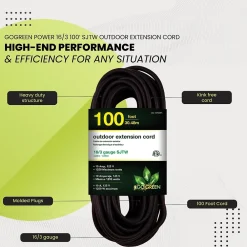 GoGreen Power 100' Indoor/Outdoor Extension Cord, 16 AWG, Black (GG-13700BK)