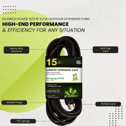 GoGreen Power 15' Indoor/Outdoor Extension Cord, 16 AWG, Black (GG-13715BK)