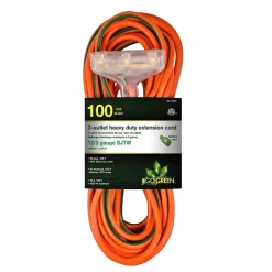GoGreen Power 100' Indoor/Outdoor Extension Cord, 3-Outlet, 12 AWG, Orange (GG-15200)