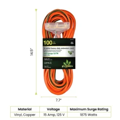 GoGreen Power 100' Indoor/Outdoor Extension Cord, 3-Outlet, 12 AWG, Orange (GG-15200)