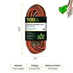 GoGreen Power 100' Indoor/Outdoor Extension Cord, 12 AWG, Orange (GG-14000)