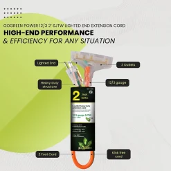 GoGreen Power 2' Indoor/Outdoor Extension Cord, 3-Outlet, 12 AWG, Orange (GG-15302)