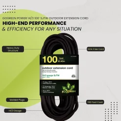 GoGreen Power 100' Indoor/Outdoor Extension Cord, 14 AWG, Black (GG-13800BK)