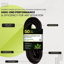 GoGreen Power 50' Indoor/Outdoor Extension Cord, 16 AWG, Black (GG-13750BK)