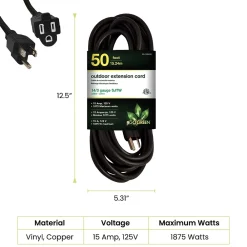 GoGreen Power 50' Indoor/Outdoor Extension Cord, 14 AWG, Black (GG-13850BK)