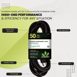 GoGreen Power 50' Indoor/Outdoor Extension Cord, 14 AWG, Black (GG-13850BK)
