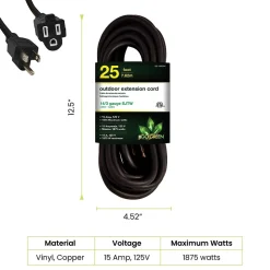 GoGreen Power 25' Indoor/Outdoor Extension Cord, 14 AWG, Black (GG-13825BK)