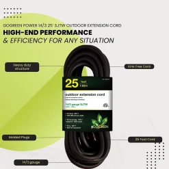GoGreen Power 25' Indoor/Outdoor Extension Cord, 14 AWG, Black (GG-13825BK)