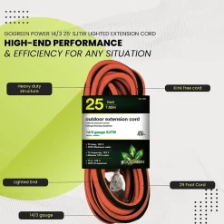 GoGreen Power 25' Indoor/Outdoor Extension Cord, 14 AWG, Orange (GG-13825)