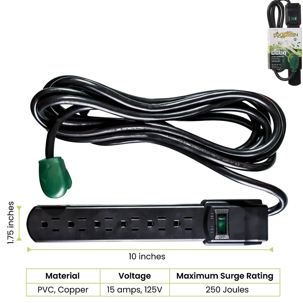 GoGreen Power 6 Outlet Surge Protectors, 6' Cord, Black (GG-16106MSBK)