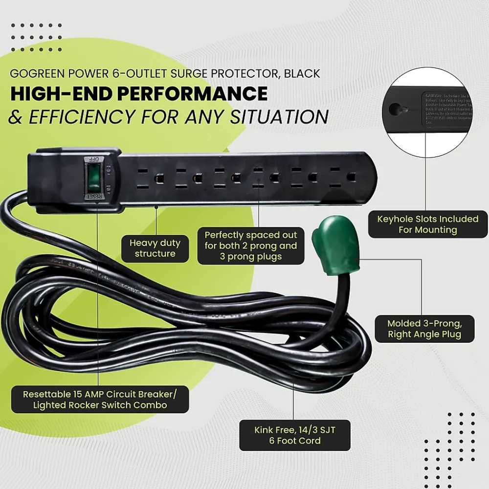 GoGreen Power 6 Outlet Surge Protectors, 6' Cord, Black (GG-16106MSBK)