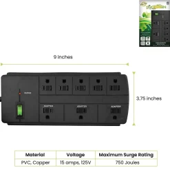 GoGreen Power 8 Outlet Surge Protector, 6' cord, Black (GG-18316BK)