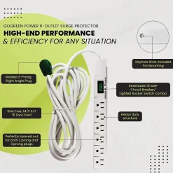 GoGreen Power 15' Surge Protector, 6 Outlets, White (GG-16315-15)