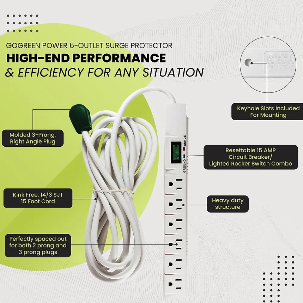 GoGreen Power 15' Surge Protector, 6 Outlets, White (GG-16315-15)