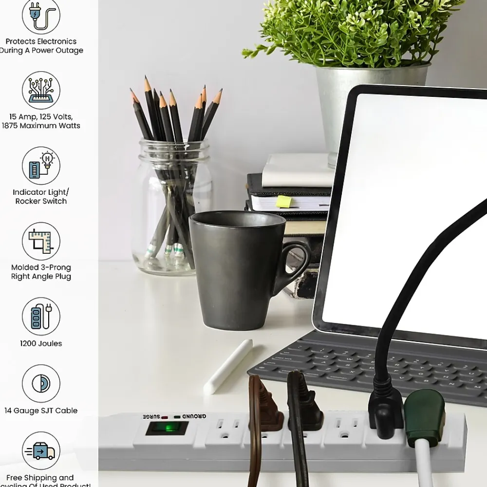 GoGreen Power 15' Surge Protector, 6 Outlets, White (GG-16315-15)