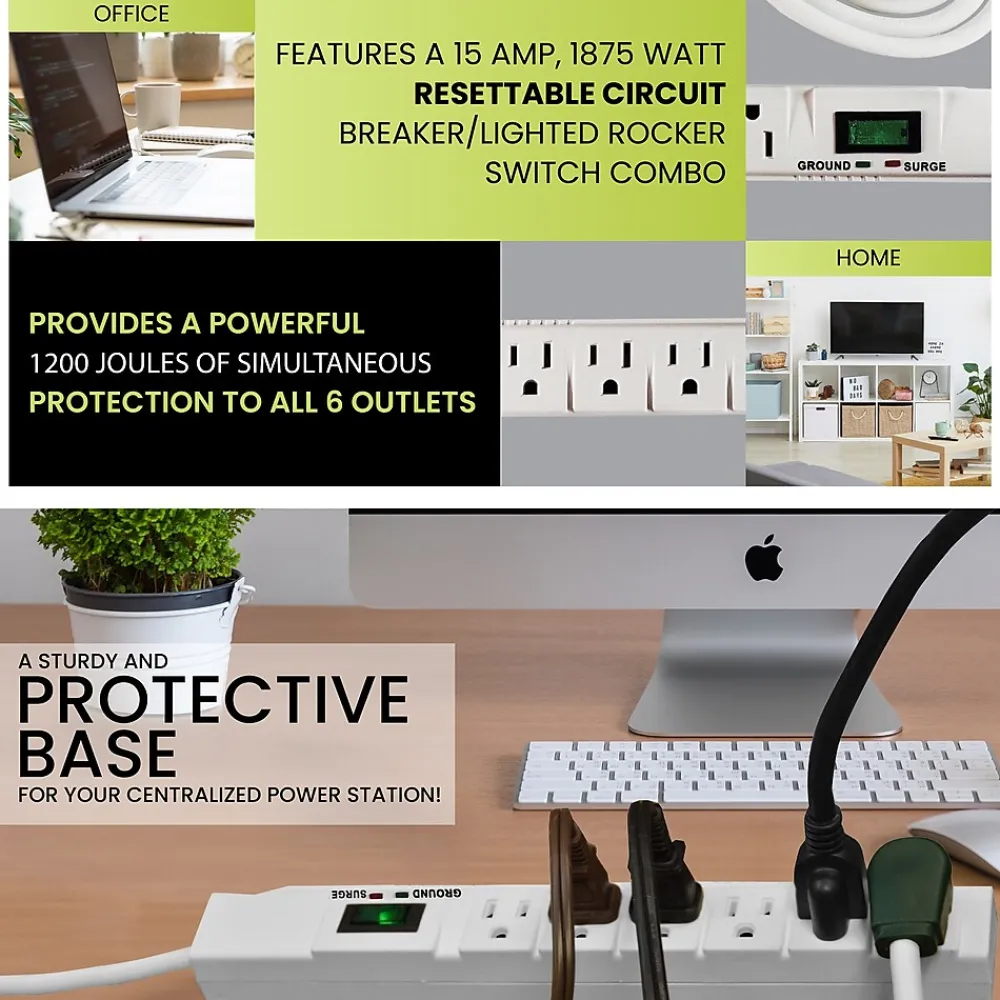 GoGreen Power 15' Surge Protector, 6 Outlets, White (GG-16315-15)