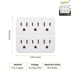 GoGreen Power Wall Tap, 6 Outlet, White, 3/Pack (GG-16000TW)
