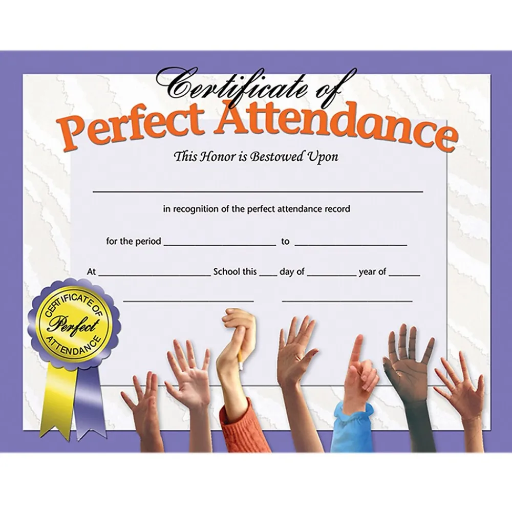 Awards & Certificates*Hayes Publishing Certificate of Perfect Attendance, 30 Per Pack, 3 Packs (H-VA613-3)