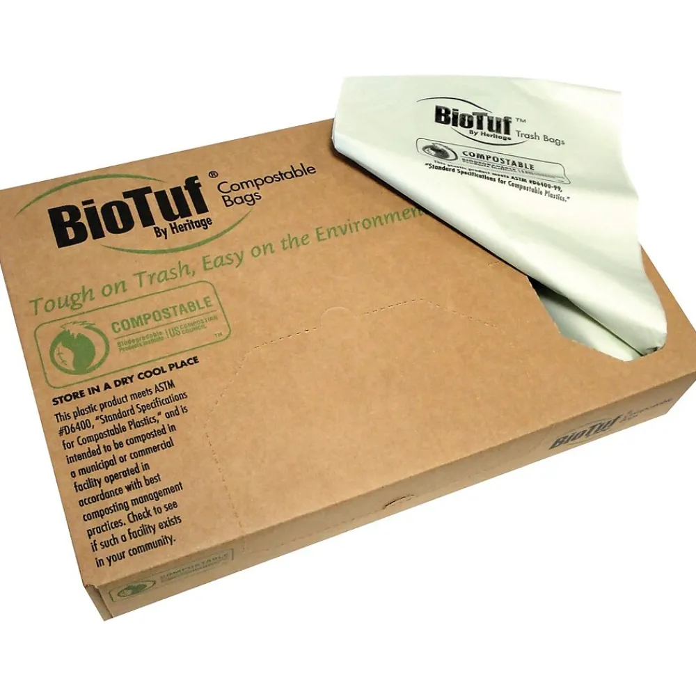 Heritage 30-32 Gallon Compostable Industrial Trash Bag, 34" x 48", Low Density, 1 Mil, Green, 5 Rolls (Y6848YE R01)<Heritage Bag Discount
