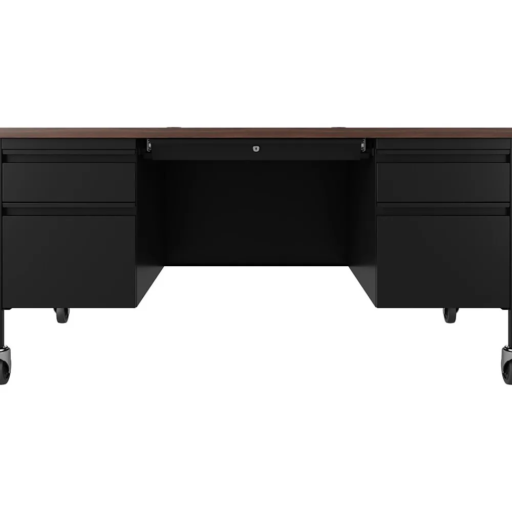 Computer Desks*Hirsh 60"W Double-Pedestal Mobile Teacher's Desk, Black/Walnut (22648)