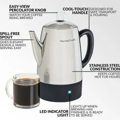 HomeCraft HCPC10SS 10-Cups Stainless Steel Coffee Percolator, Silver/Black
