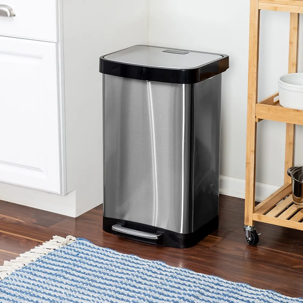 Steel Indoor Square Step Trash Can with Hinged Lid, 13.2 Gallon, Silver (TRS-08993)<Honey-Can-Do Online