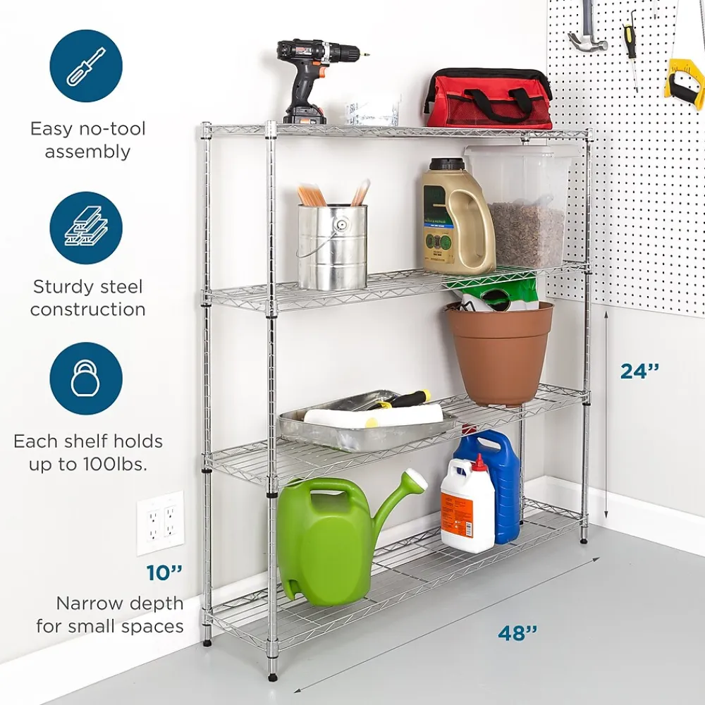 Shelving*Honey-Can-Do 4-Tier Slim Profile Wide Shelving Unit, 48" x 10" x 48", Chrome (SHF-10023)