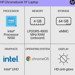 Online HP 14" Chromebook, Intel Processor N100, 4GB RAM, 64GB SSD, + 8.5 Hours Battery, Google Chrome