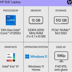 Sale HP 15.6" FHD Laptop, Intel Core i7-1355U, 12GB RAM, 512GB SSD, Backlit Keyboard, +8.5 hrs. Battery Life, Windows 11 Home