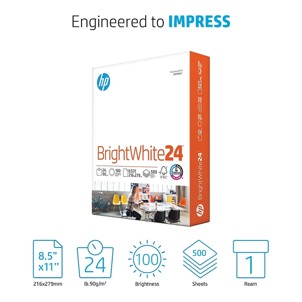 Large Quantity Paper*HP BrightWhite24 8.5" x 11" Inkjet Paper, 24 lbs., 100 Brightness, 500 Sheets/Ream (B1124)
