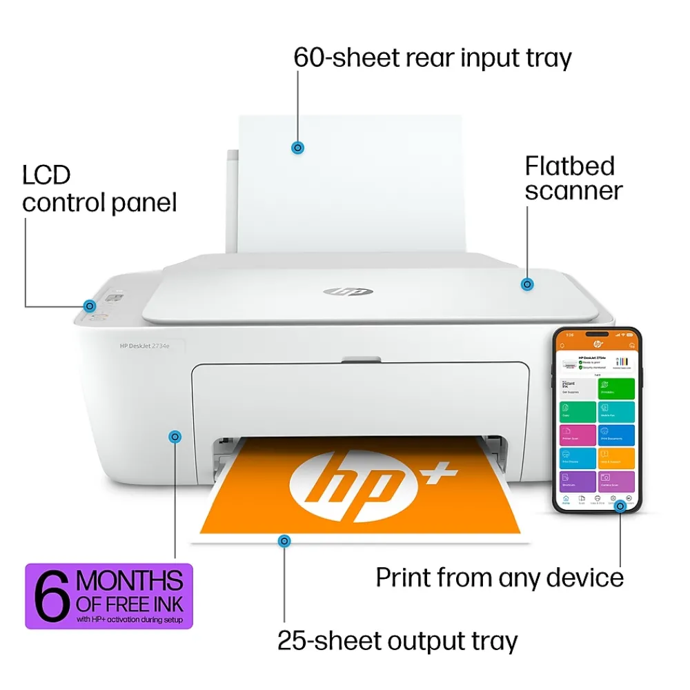 HP DeskJet 2734e Wireless Color Inkjet Printer, All-In-One, Print, Scan, Copy, 6 Months FREE Ink with + (26K72A#B1H)
