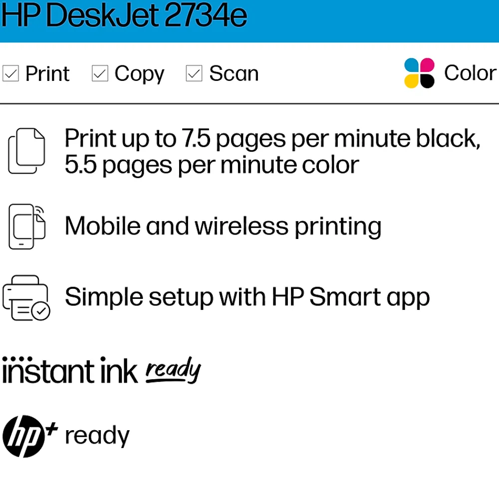 HP DeskJet 2734e Wireless Color Inkjet Printer, All-In-One, Print, Scan, Copy, 6 Months FREE Ink with + (26K72A#B1H)