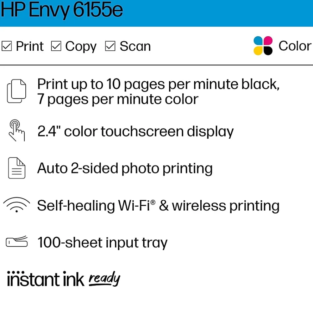 HP Envy 6155e Wireless All-in-One Color Inkjet Printer, Scanner, Copier, Best for Home, 3 months FREE ink with + (714L5A)