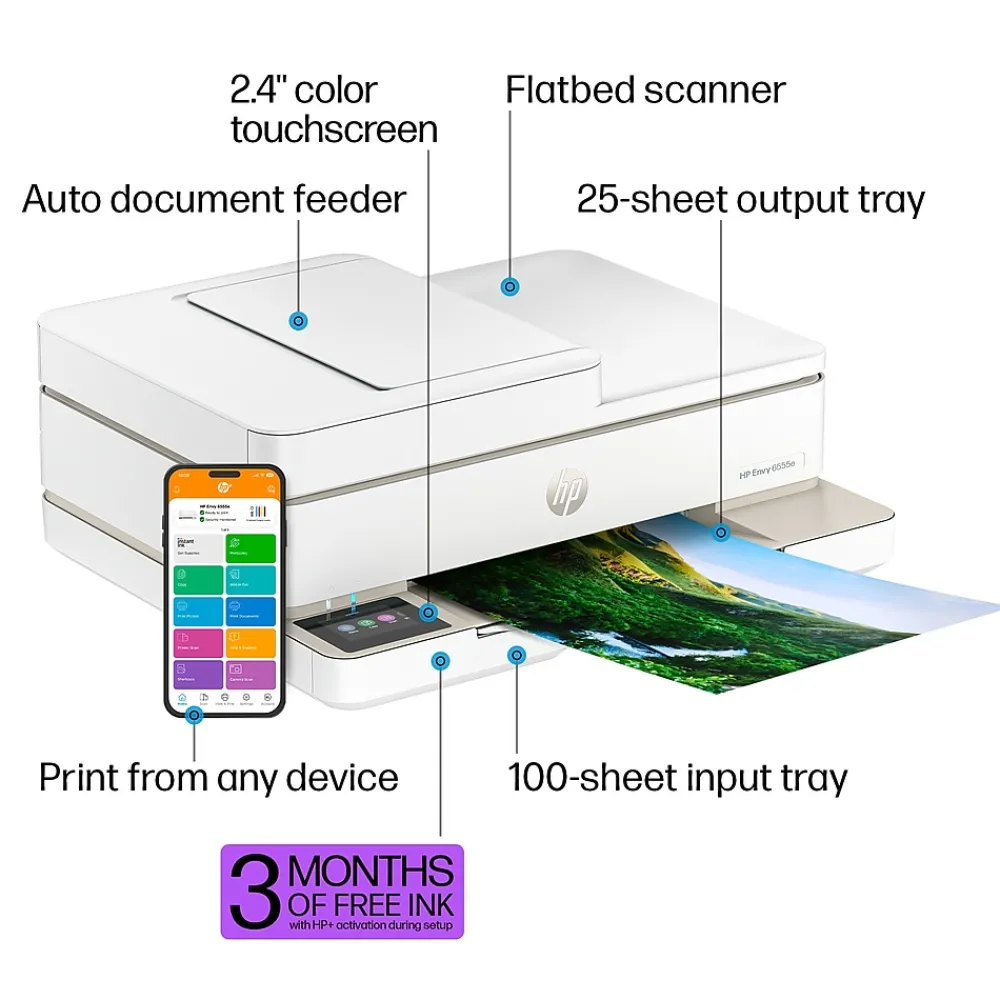 HP Envy 6555e Wireless All-in-One Color Inkjet Printer, Scanner, Copier, Best for home, 3 months FREE ink with + (714N5A)