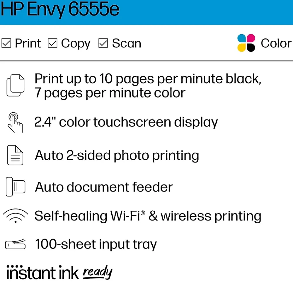 HP Envy 6555e Wireless All-in-One Color Inkjet Printer, Scanner, Copier, Best for home, 3 months FREE ink with + (714N5A)