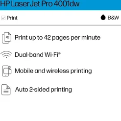 HP LaserJet Pro 4001dw Wireless Black & White Laser Printer, Single-Function, Print, Best for Office (2Z601F)