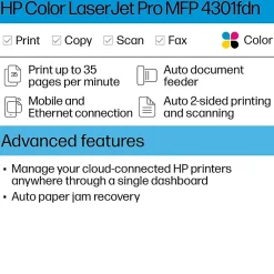 HP LaserJet Pro LJP 4301fdn Color Laser Printer, All-In-One, Print, Scan, Copy, Fax (4RA81F)